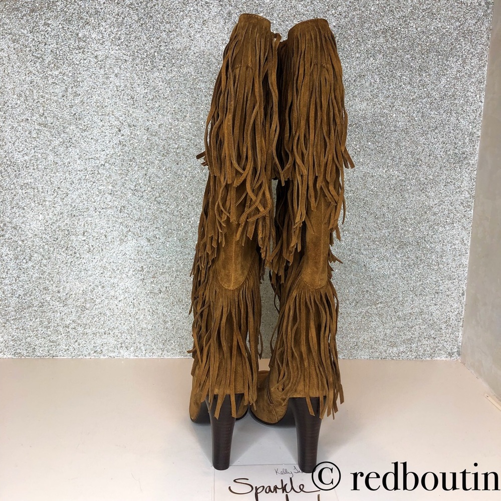 Saint Laurent Tan Suede Fringe Knee-High Heeled Boots - Picture 5 of 8